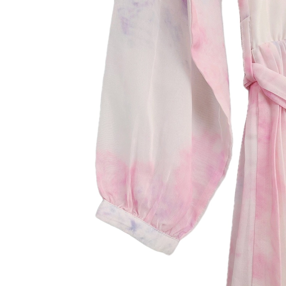 Ivy City Co Lovers Dress S Pink White Chiffon Pleated‎ Long Sleeve Ruffle Midi - Picture 5 of 11
